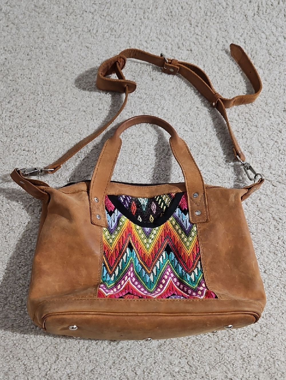 Nena & Co. Tan Leather Shoulder Bag with Multicolor Embroidered Panel